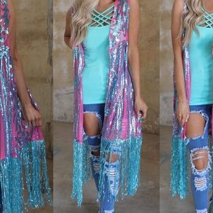 Lucky & blessed Sequin Turquoise pink duster